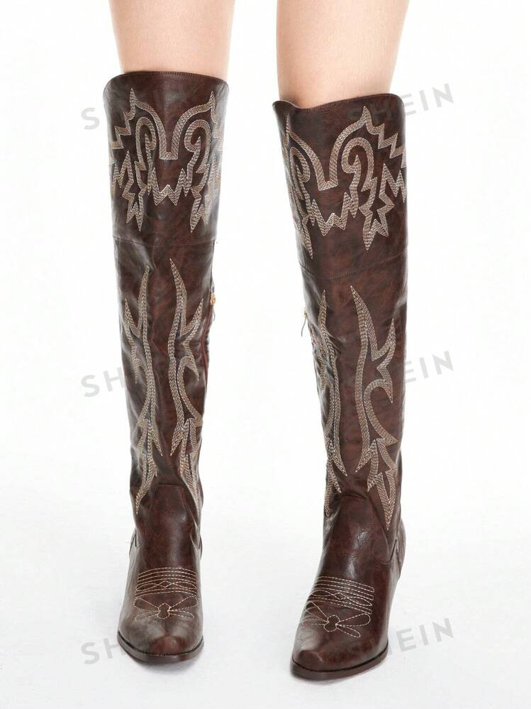 ROMWE Fairycore Women New Brown Western Style Knee-High Boots, Outdoor Forest Style, Fashionable ... | SHEIN