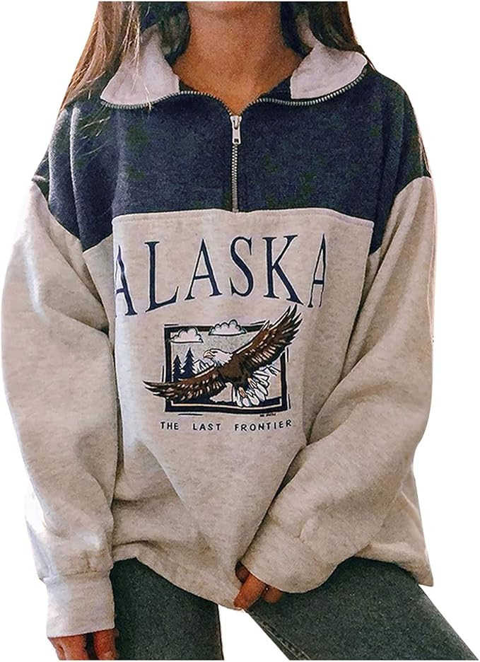 Color Block Sweatshirt for Women Zipper Turtleneck Vintage Eagle Print Pullover Long Sleeve Casua... | Amazon (US)