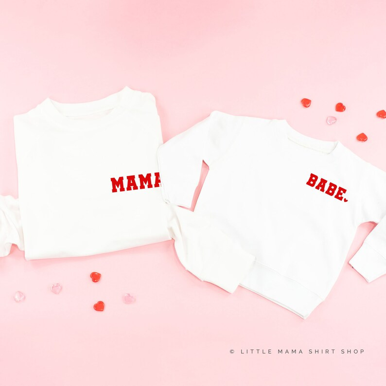 Varsity Heart - MAMA/BABE - Pocket - Set of 2 White w/Red SWEATERS | Mommy and Me Shirt | Mommy a... | Etsy (US)