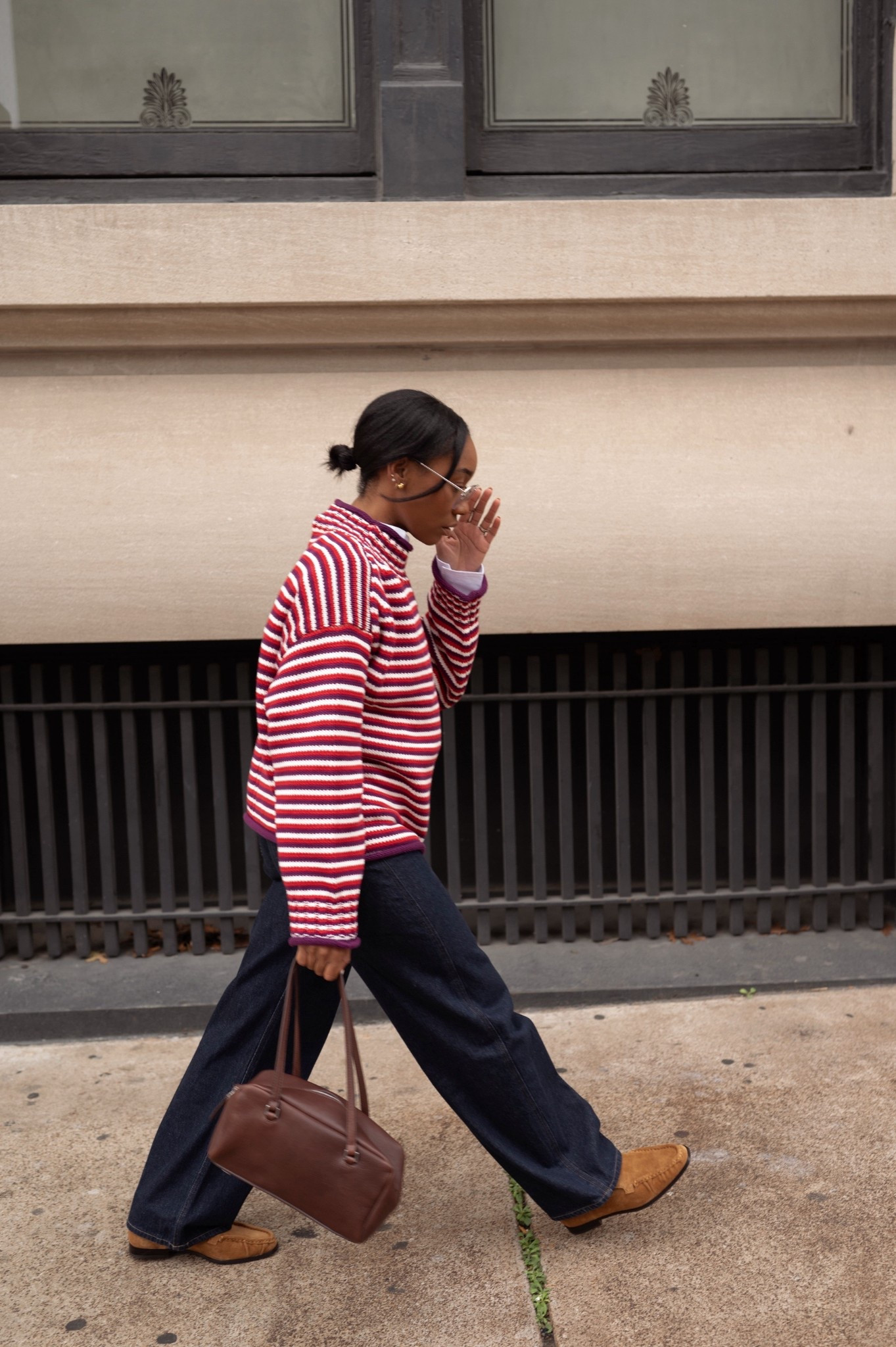 Suede loafers, dark wash barrel jeans, striped sweater (causal valentines outfit), brown leather bag purse 

#LTKPetite #LTKootd #LTKValentine