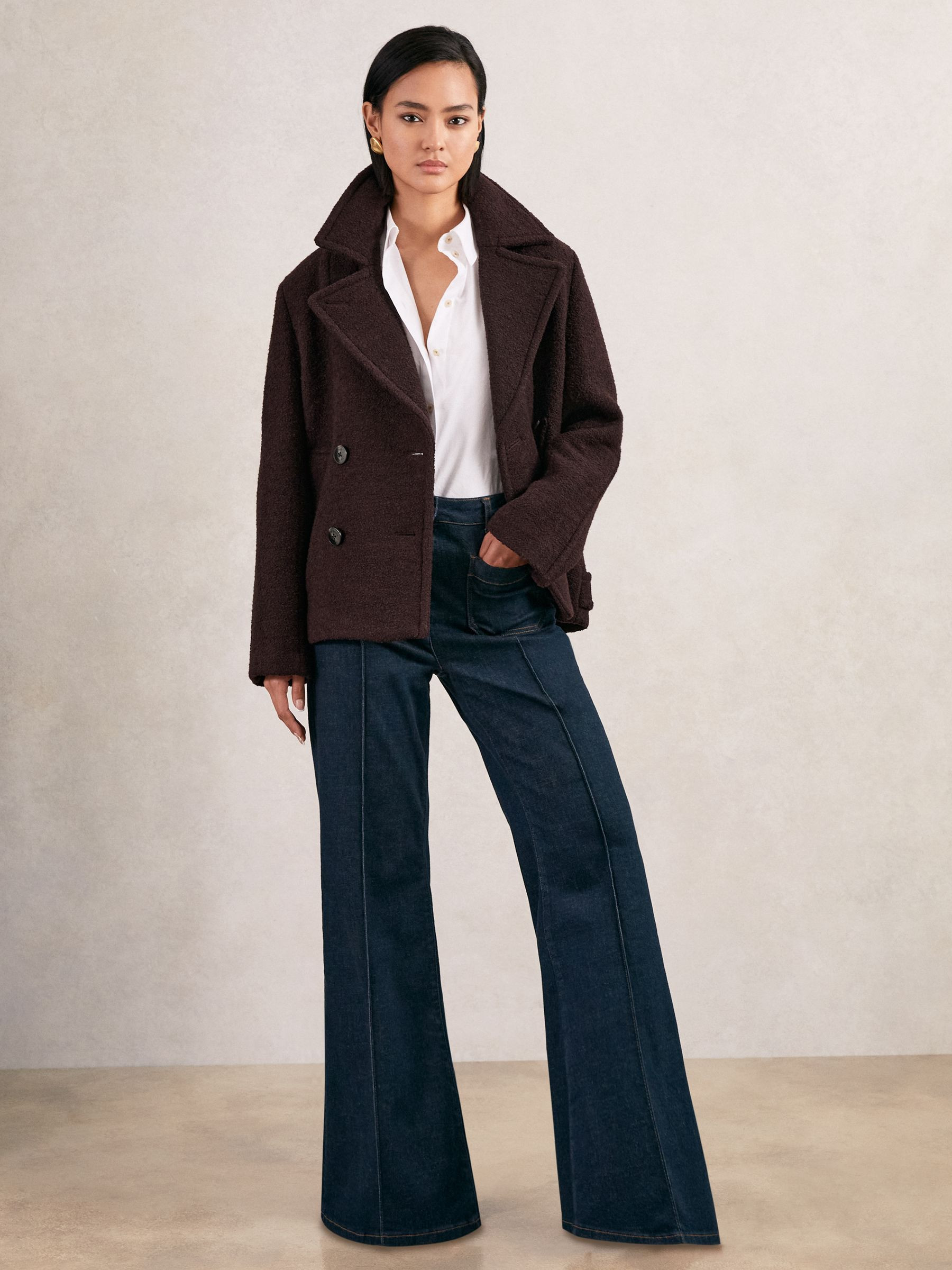 Wool-Blend Double-Breasted Short Coat in Burgundy | Reiss DE