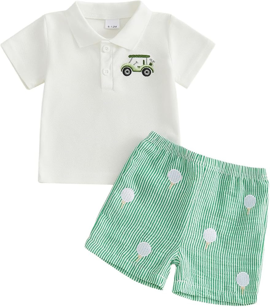 Toddler Baby Boy Golf Outfit Golf Short Sleeve Collared Polo T Shirt Striped Shorts Set Cute Boys... | Amazon (US)