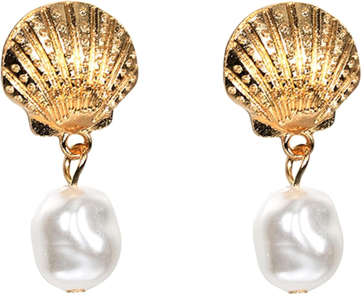 Boho Gold Pearl Shell Dangle Earrings for Women Trendy Seashell Bead Drop Earrings Minimalist Oce... | Amazon (US)