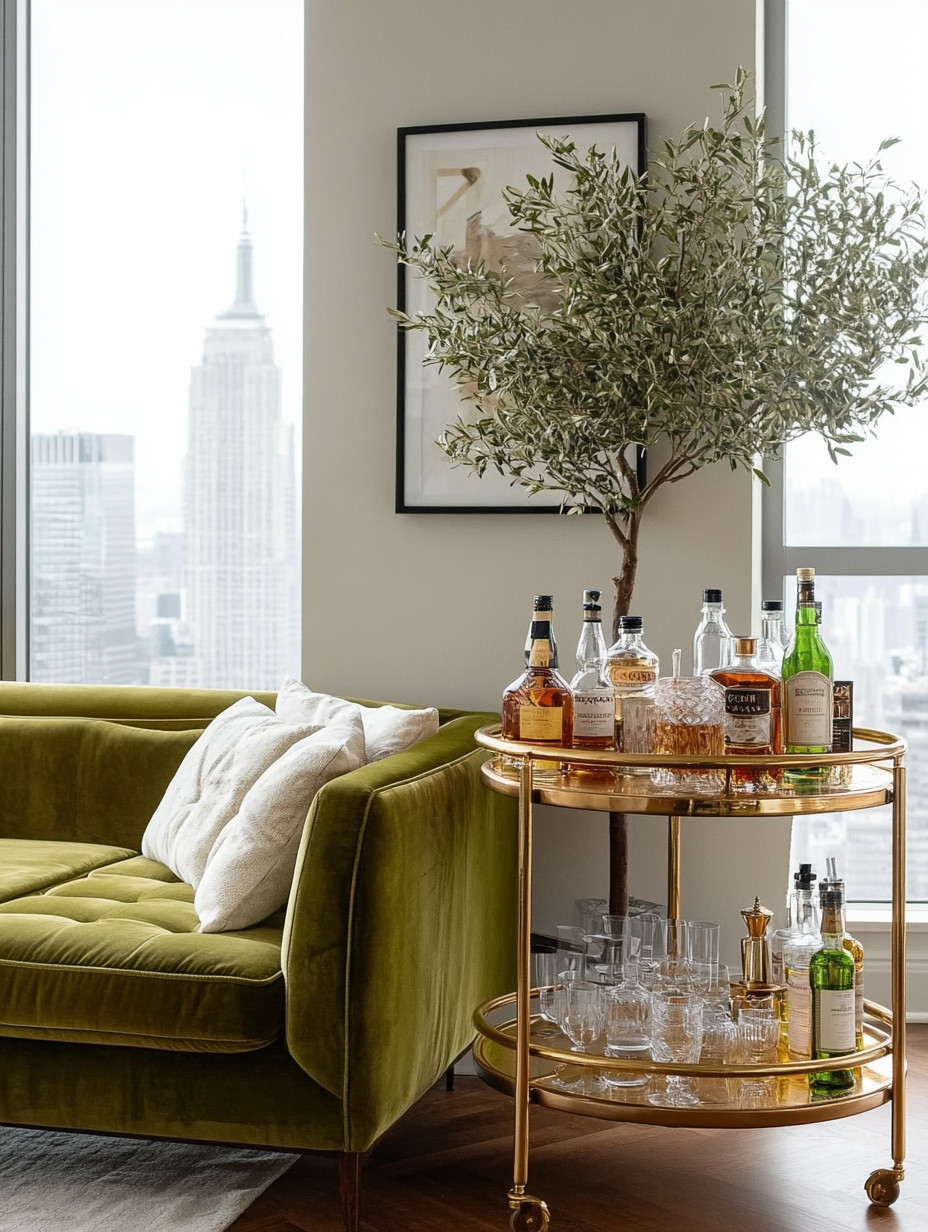 Add an elegant bar cart beside your sofa to instantly introduce glamour, warmth, and hotel-style sophistication into your living space. A gold bar cart styled with beautiful glassware and curated bottles creates a functional yet decorative moment, perfect for entertaining or slow evenings at home. Placing an olive tree or tall indoor plant behind the cart adds height, texture, and an organic contrast that softens the metallic finishes. This setup works beautifully in apartments and high-rise living, turning an unused corner into a styled lounge moment that feels intentional and elevated. A well-designed bar cart isn’t just for hosting—it becomes a statement piece that blends luxury with everyday living.
#barcartstyling #livingroomdecor #quietluxury 

 #LTKHome