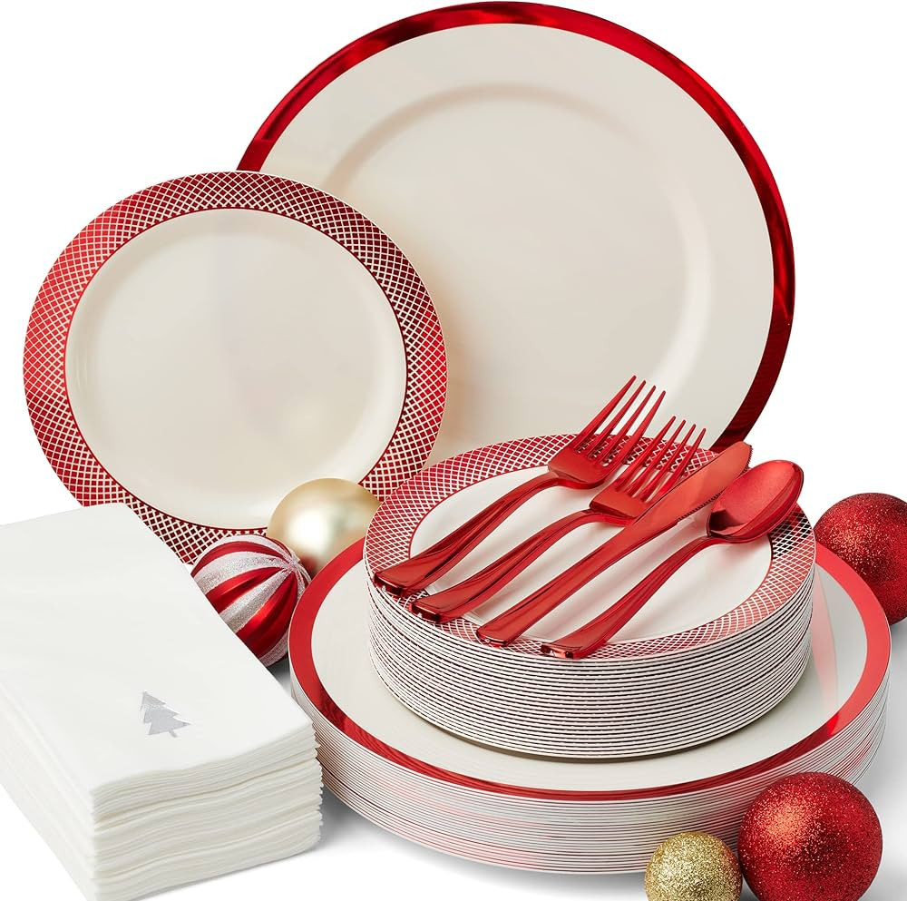 BY MADEE 175 Pcs Christmas Plates and Napkins Disposable Dinnerware Set 25 Guests | Ivory and Red... | Amazon (US)