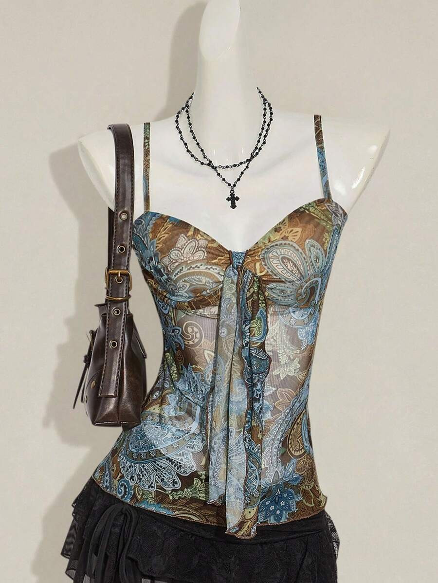 SHEIN ICON Women's Paisley Print Y2K Vintage Pleated Camisole Tank Top | SHEIN
