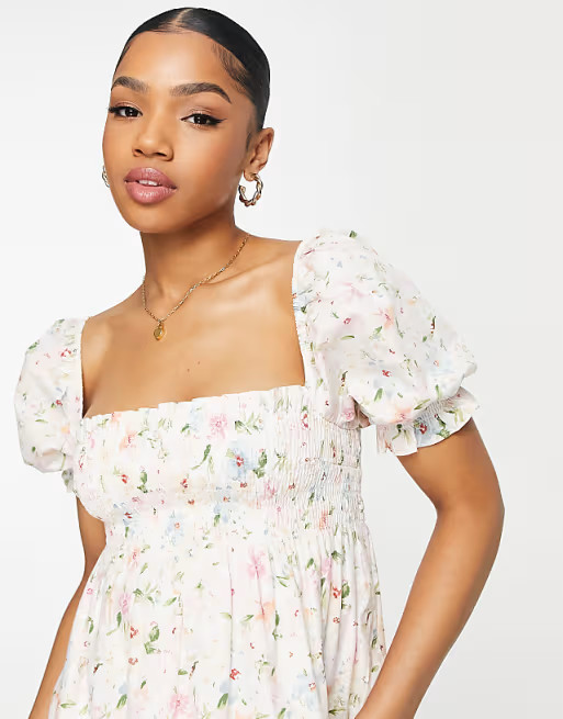Abercrombie & Fitch puff sleeve smocked bodice mini dress in pink | ASOS (Global)