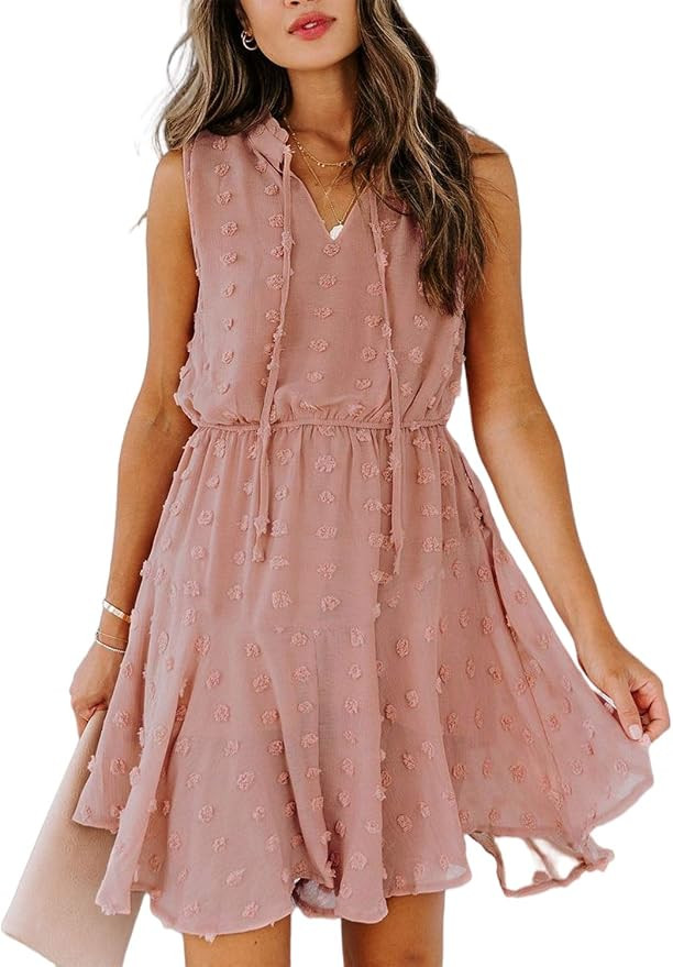 Candacore Women's Swiss Dot Sleeveless V Neck Flowy Mini Dress | Amazon (US)