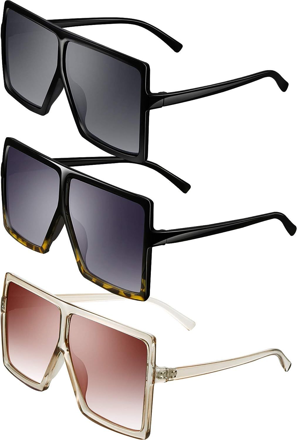 3 Pieces Oversized Square Sunglasses Flat Top Fashion Shades Oversize Sunglasses | Amazon (US)