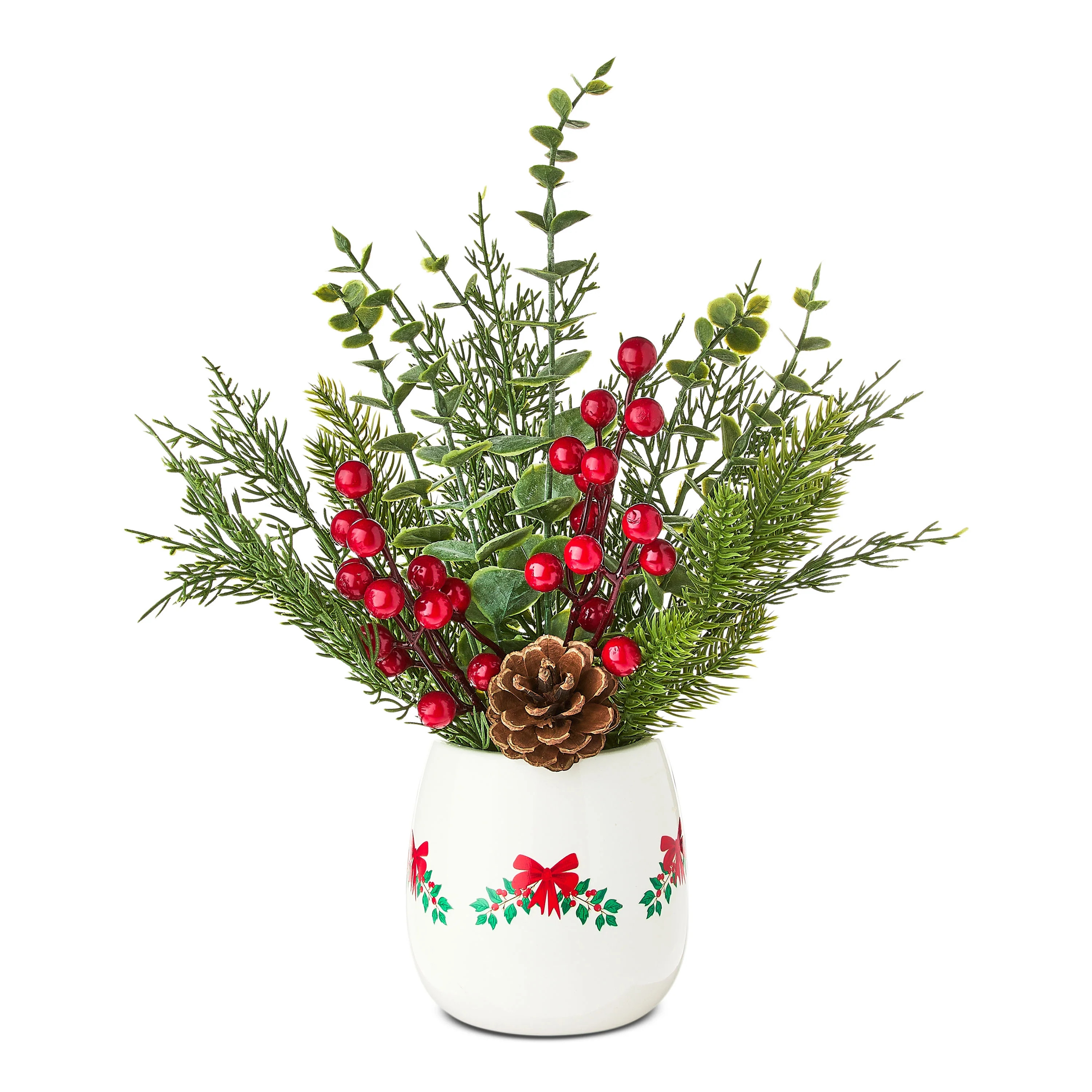 Artificial Plants and Berries in White Ceramic Pot Christmas Decoration, 13.5", by Holiday Time | Walmart (US)