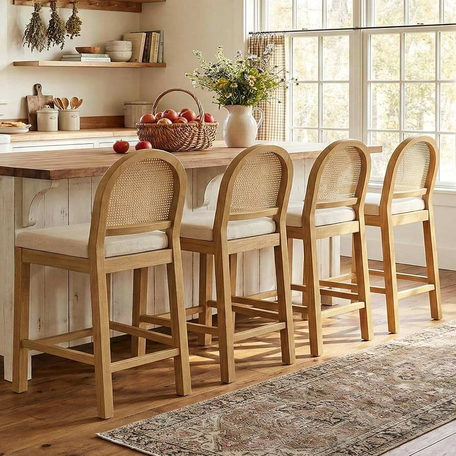 Upholstered Wooden Rattan Bar Stools Set of 4, Island Chairs (Cream White) | Amazon (US)