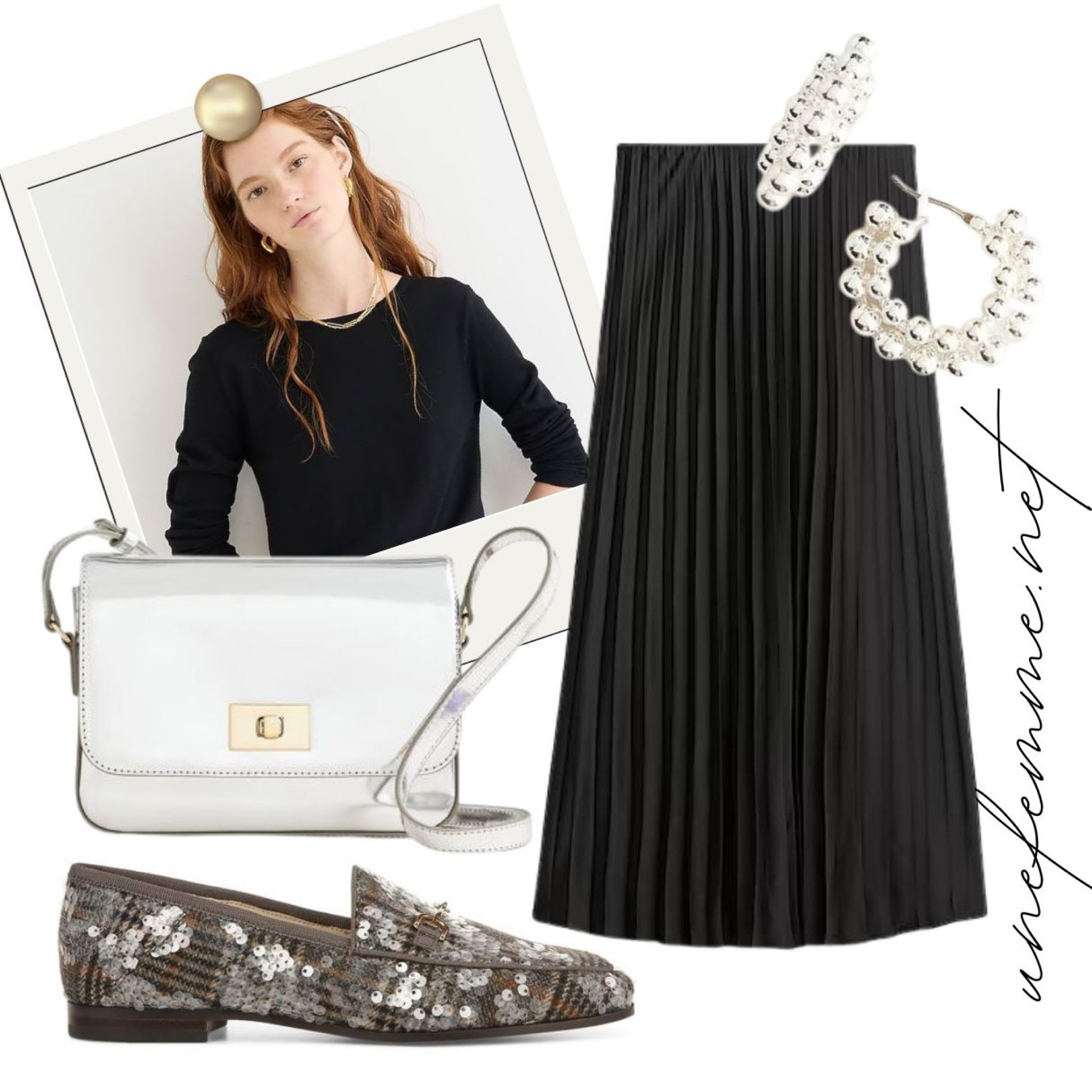 A simple holiday look with a pleated skirt, sequin loafers and silver accessories 

#LTKover40 #LTKshoecrush #LTKSeasonal