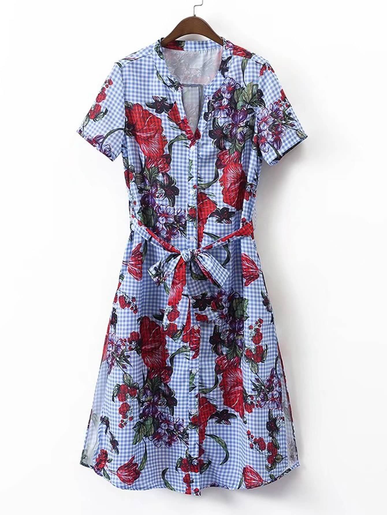 Grid Floral Print Tie Waist Shirt Dress | SHEIN