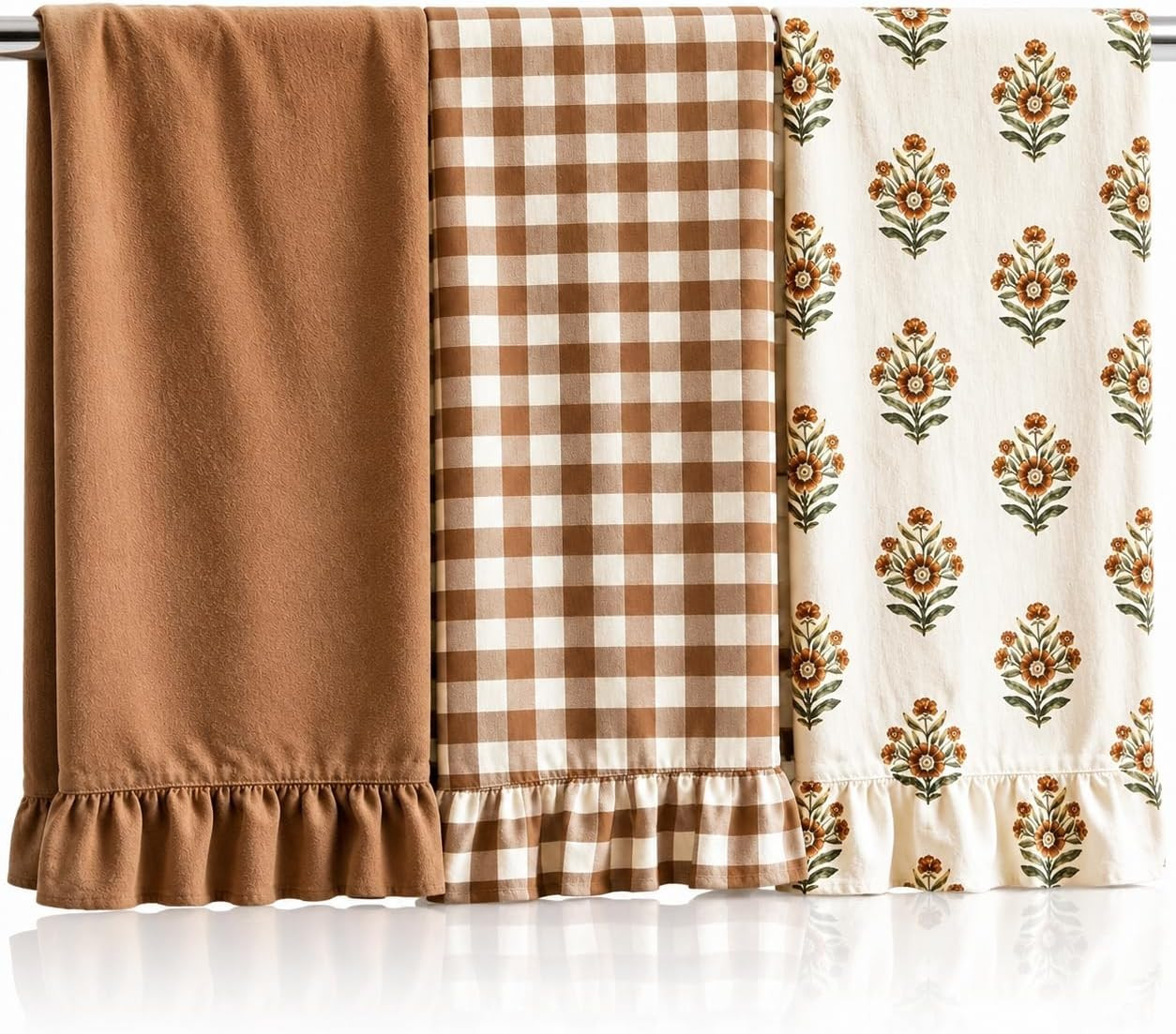 JarThenaAMCS 3Pcs Fall Ruffled Kitchen Dish Towels, Brown Floral Gingham | Amazon (US)