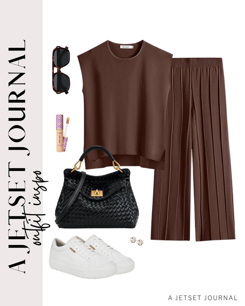 Our next look is so chic! I am totally obsessed with this brown lounge set, which looks so chic when paired with Dr. Scholl’s time off sneakers and a classic top handbag. Style it with aviator sunglasses and stud earrings. 

 #LTKSeasonal #LTKSaleAlert #LTKTravel
