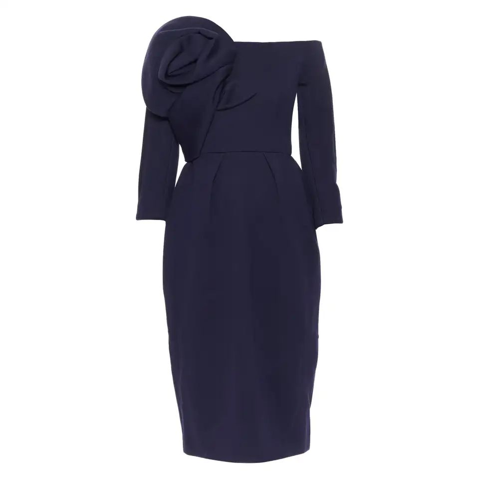 new DELPOZO navy jersey crepe large floral asymmetric neckline dress FR34 XS | 1stDibs