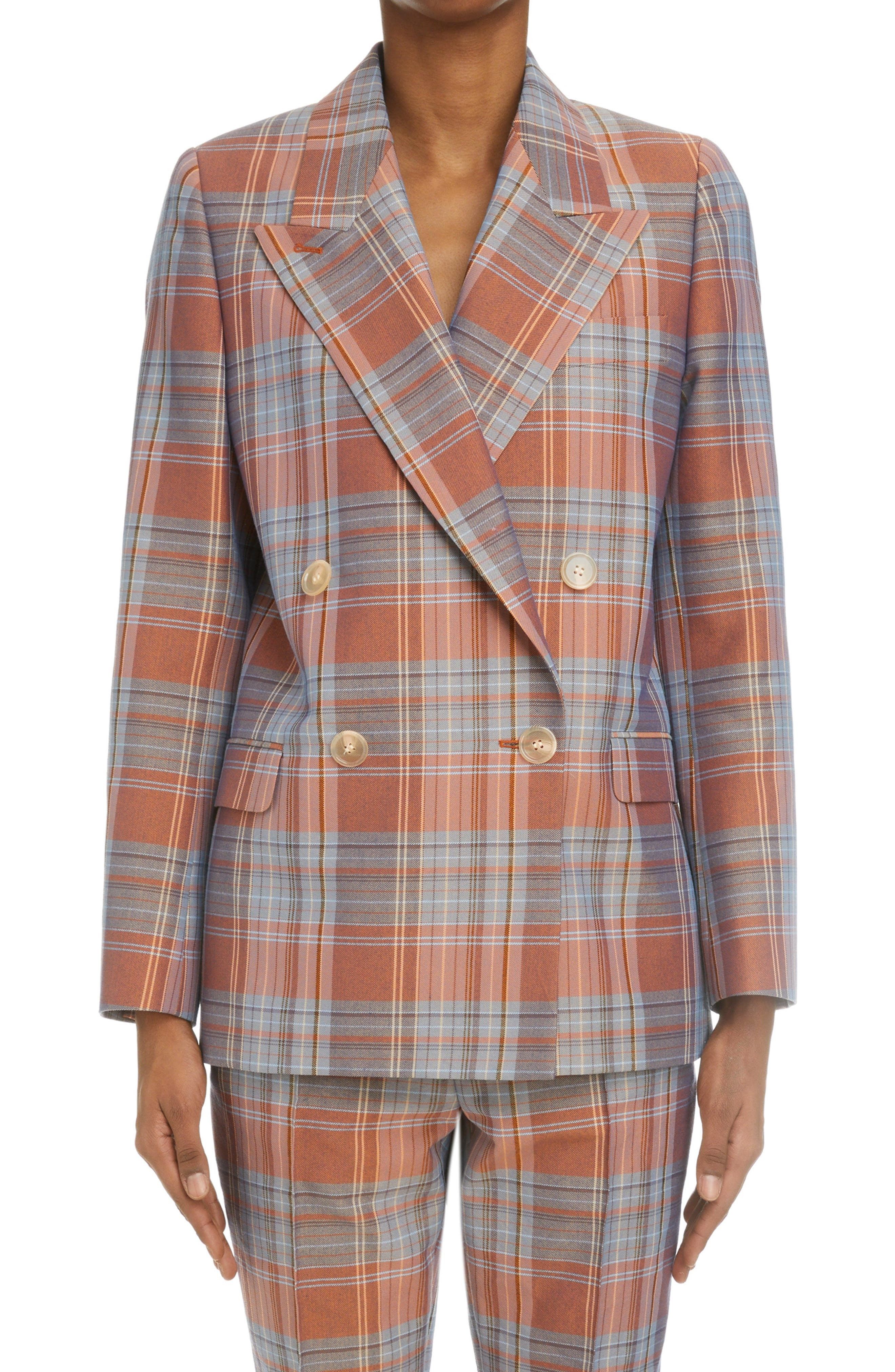 Acne Studios Janny Plaid Double Breasted Suit Jacket in Burgundy/Aqua at Nordstrom, Size 8 Us | Nordstrom