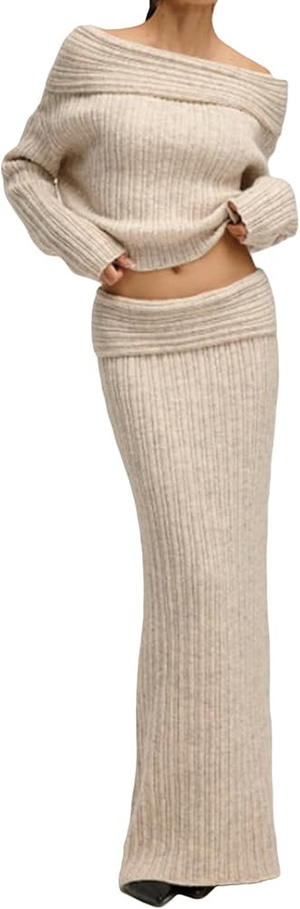 NRTHYE Women 2 Piece Sweater Sets Off The Shoulder Long Sleeve Top Bodycon Knitted Maxi Skirt Swe... | Amazon (US)