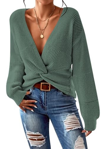 Kisscynest Women's 2025 Casual Low Cut Pullover Sweaters Sexy Deep V Neck Long Sleeve Twist Knot Wrap Cropped Knit Cute Sweater Tops Dark Forest Medium | Amazon (US)