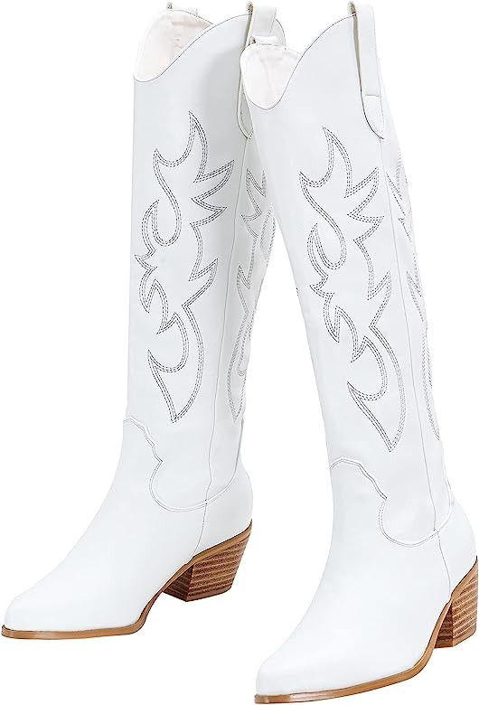Women's Embroidered Western Cowboy Boots Knee High Stitching Almond Medium Heel Chunky Heel 5cm P... | Amazon (US)