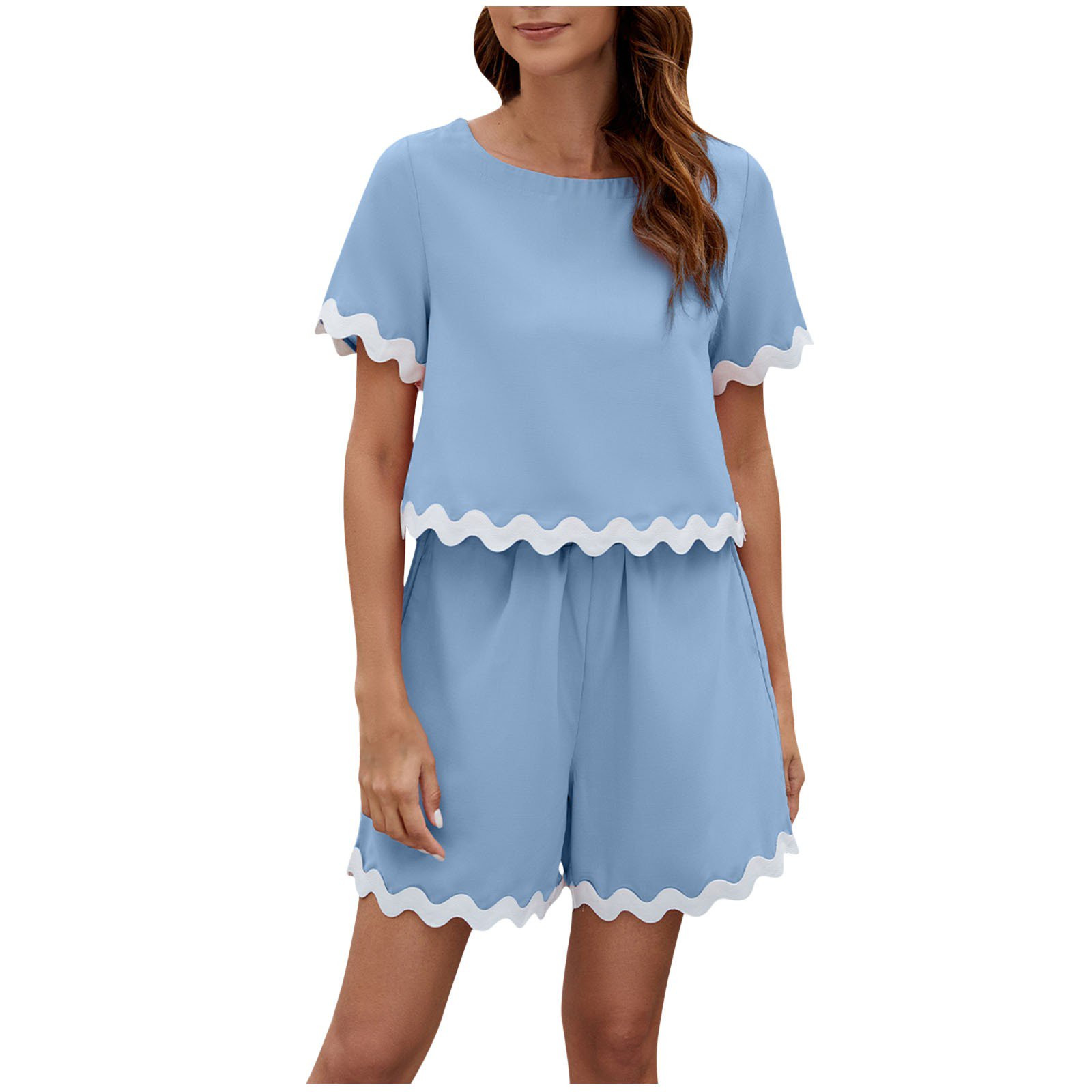 cfhntfmh 2 Piece Lounge Sets for Women Scallop Trim Short Sleeve Crewneck T-Shirts Comfy Shorts C... | Walmart (US)