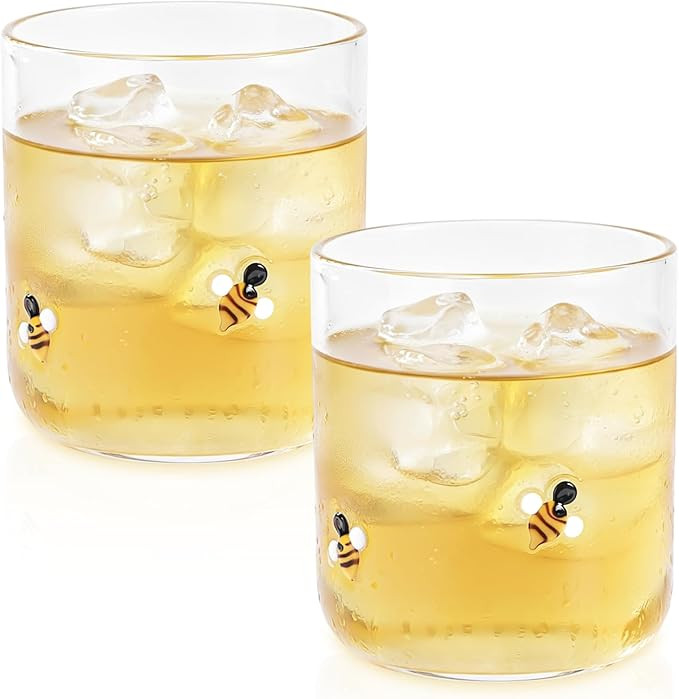 2 Pcs Bee Icon Juice Glasses, 14oz Bee Stemless Wine Glass, Cute Juice Drinking Glass Cup for Par... | Amazon (US)
