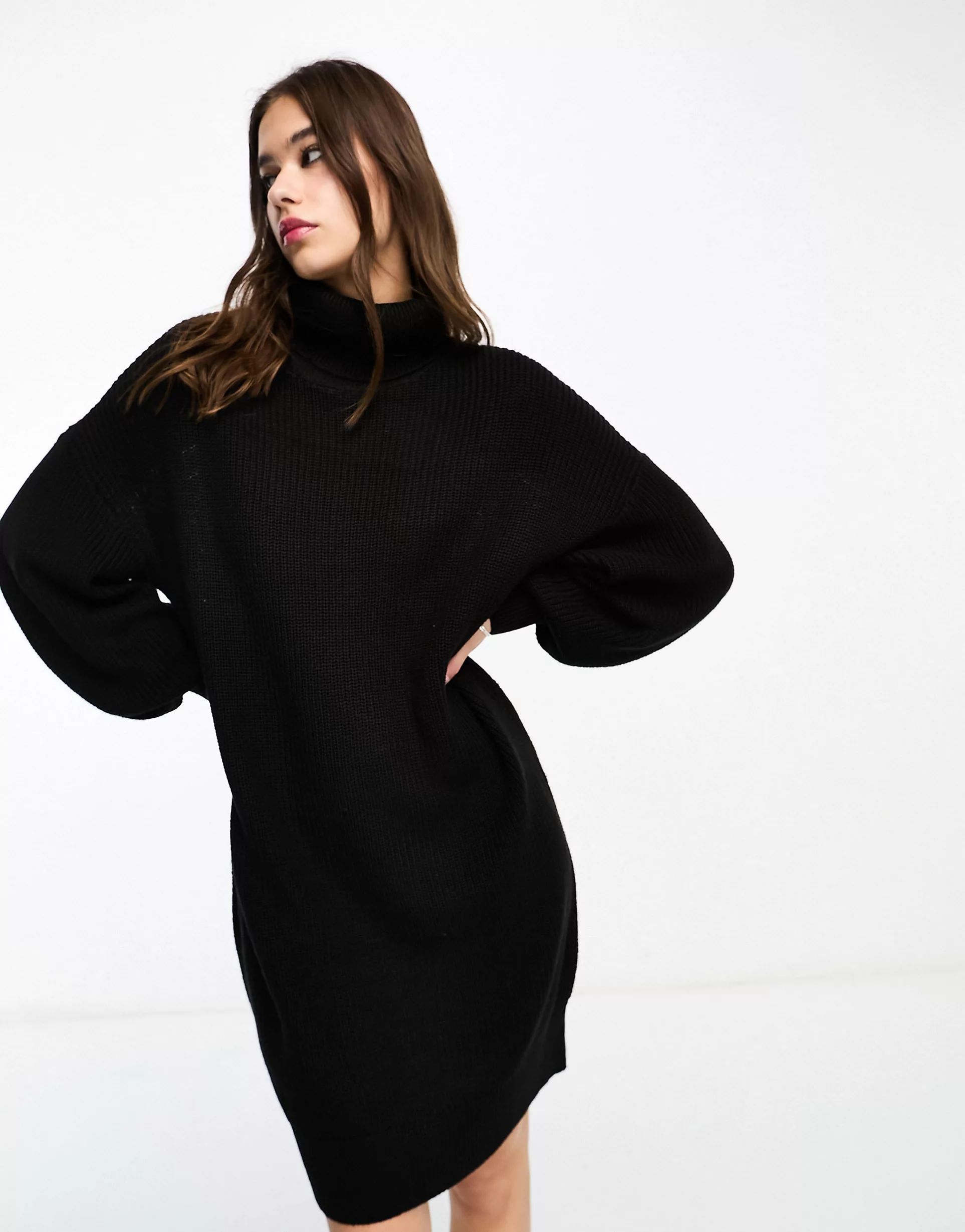 Noisy May high neck wide sleeve knitted jumper dress in black | ASOS (Global)