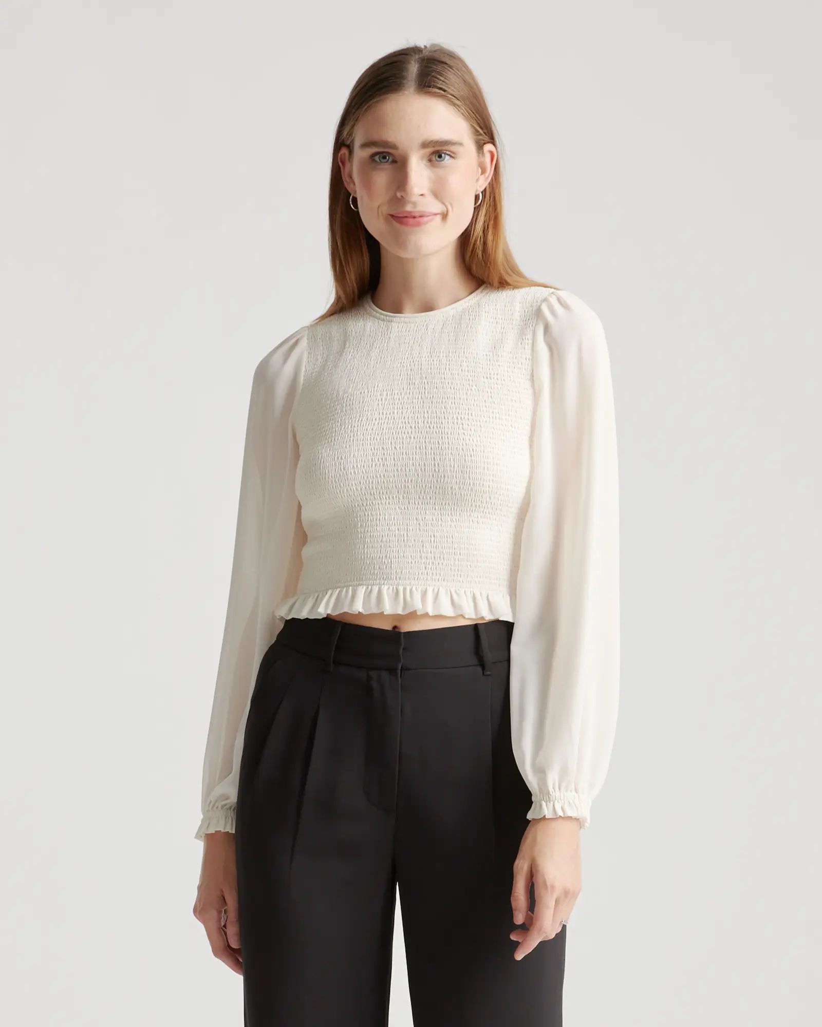 Chiffon Cropped Smocked Blouse | Quince