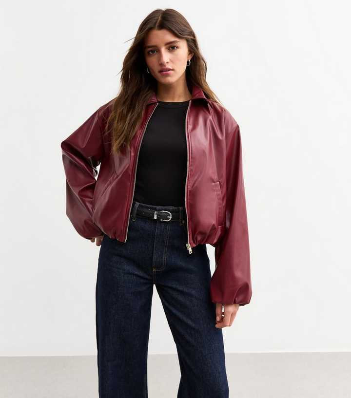 Burgundy Faux Leather Bubble Hem Bomber Jacket
						
						Add to Saved Items
						Remove from ... | New Look (UK)
