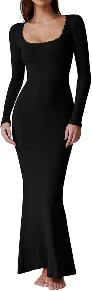 QINSEN Women's Ribbed Knit Long Sleeve Scoop Neck Maxi Dress with Lace Details Bodycon Dress | Amazon (US)