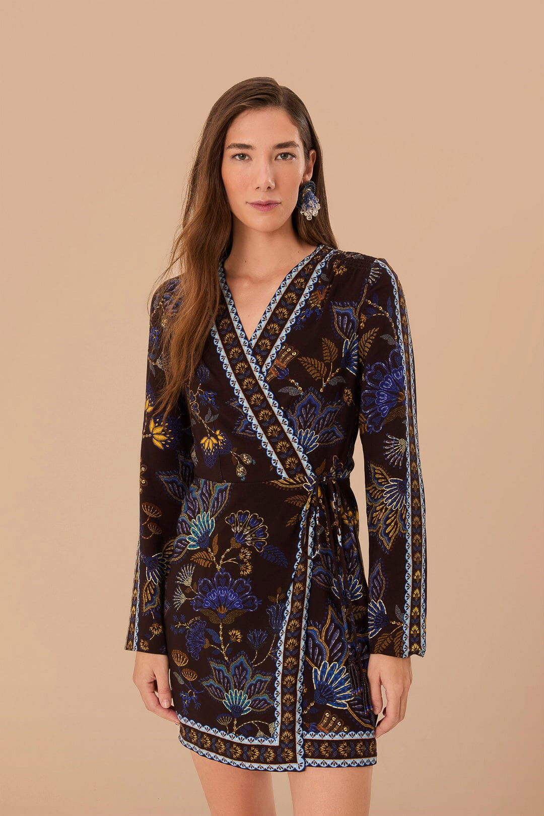 Brown Embroidered Garden LENZING™ ECOVERO™ Viscose Wrap Mini Dress | FarmRio (US)