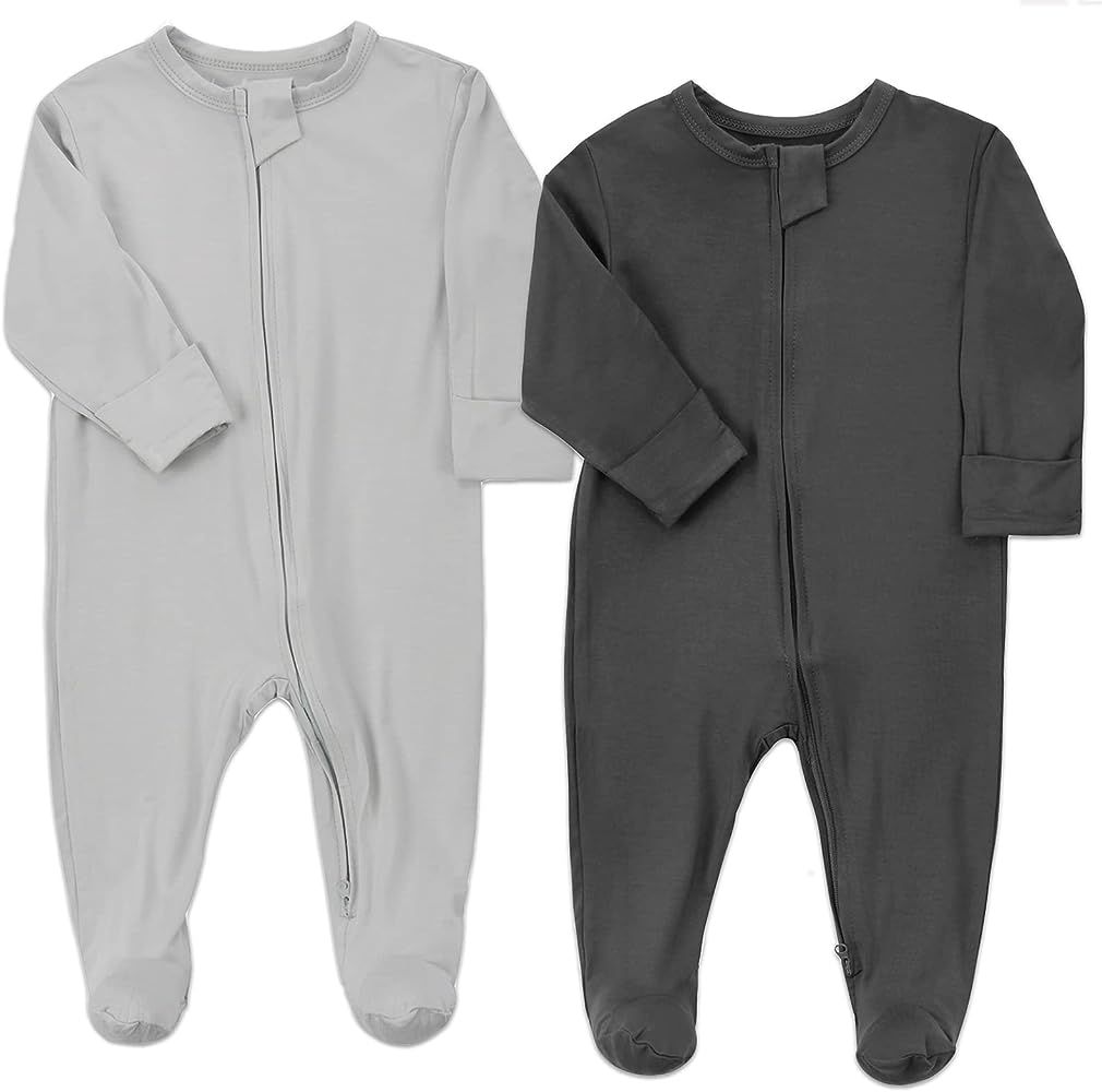 Aablexema Baby Footie Bamboo Pajamas Zipper - Unisex Infant Newborn Sleep Play Footed Pjs with Mi... | Amazon (US)