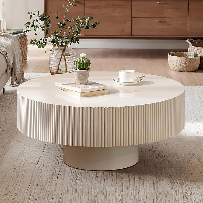 Round Drum Coffee Table 30.91" Handcrafted Fluted Drum Coffee Table Mid Century Accent Tables Mod... | Amazon (US)