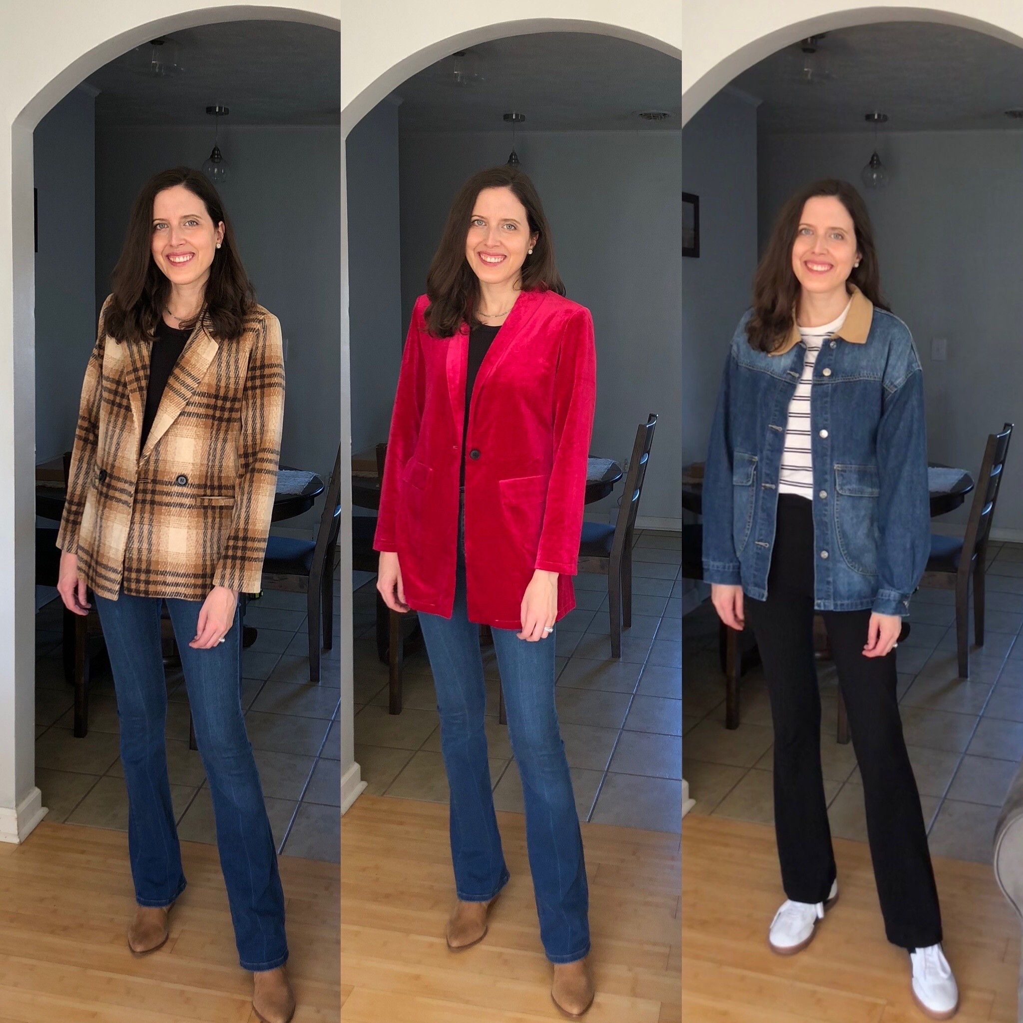 Which look is your favorite?

Plaid blazer with flares
Pink velvet holiday blazer 
Denim barn coat with yoga pants 
Amazon blazer 


#LTKSeasonal #LTKFindsUnder100 #LTKootd
