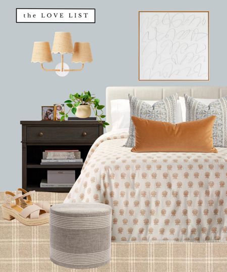 Cozy bedroom vibes // blockprint floral quilt, wood side table, triple sconce, plaid rug, floral throw pillows, round ottoman, velvet lumbar pillow 

#LTKstyletip #LTKFind #LTKhome