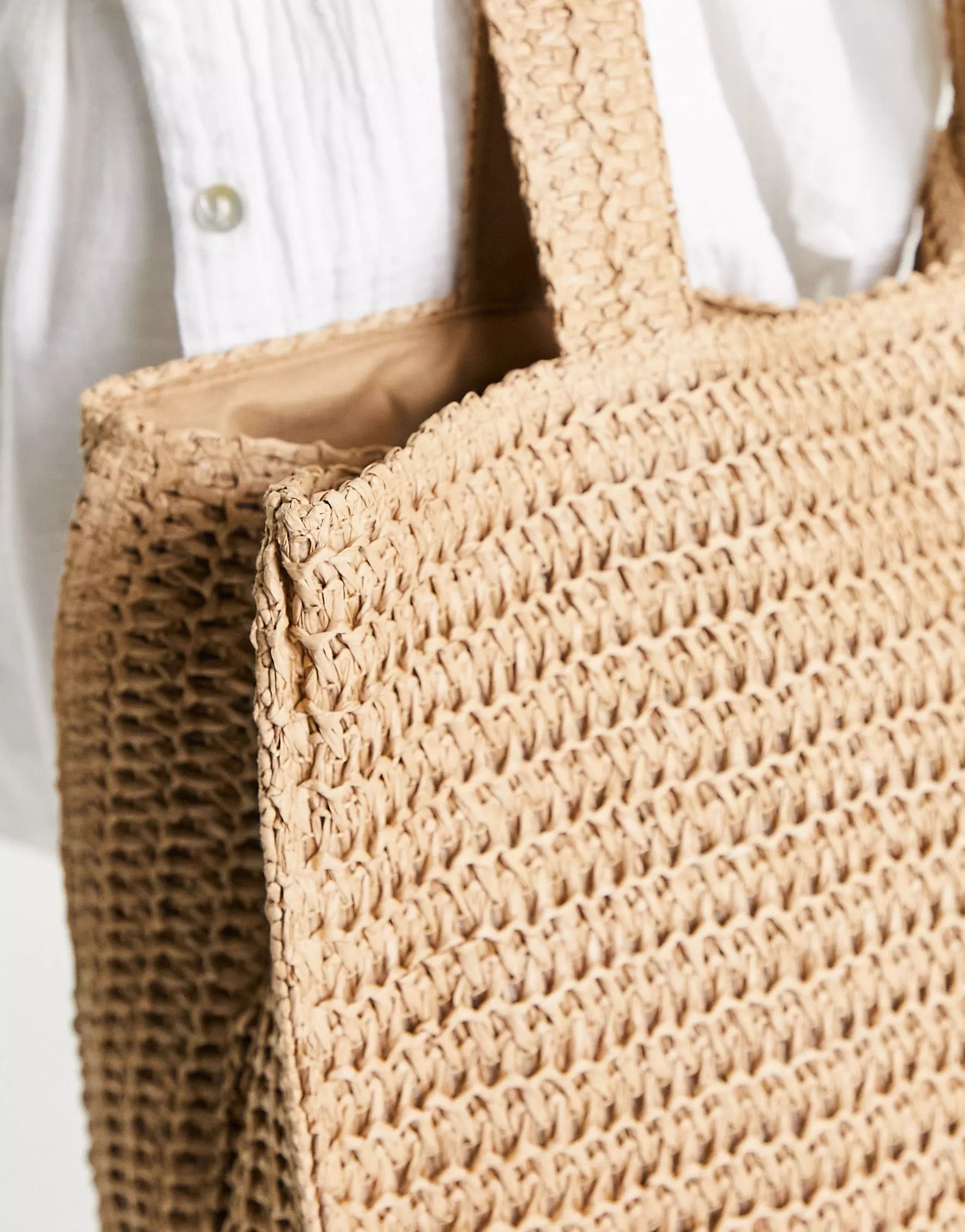 South Beach straw woven shoulder beach tote bag in beige | ASOS (Global)