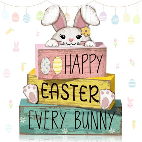 Moucuny 4 Pcs Easter Table Decorations Bunny Tiered Tray Decor Wooden Bunny Block Signs for Family Gatherings, Reusable Happy Easter Centerpiece for Kitchen, Home Shelf, Office & Spring Party Tables | Amazon (US)