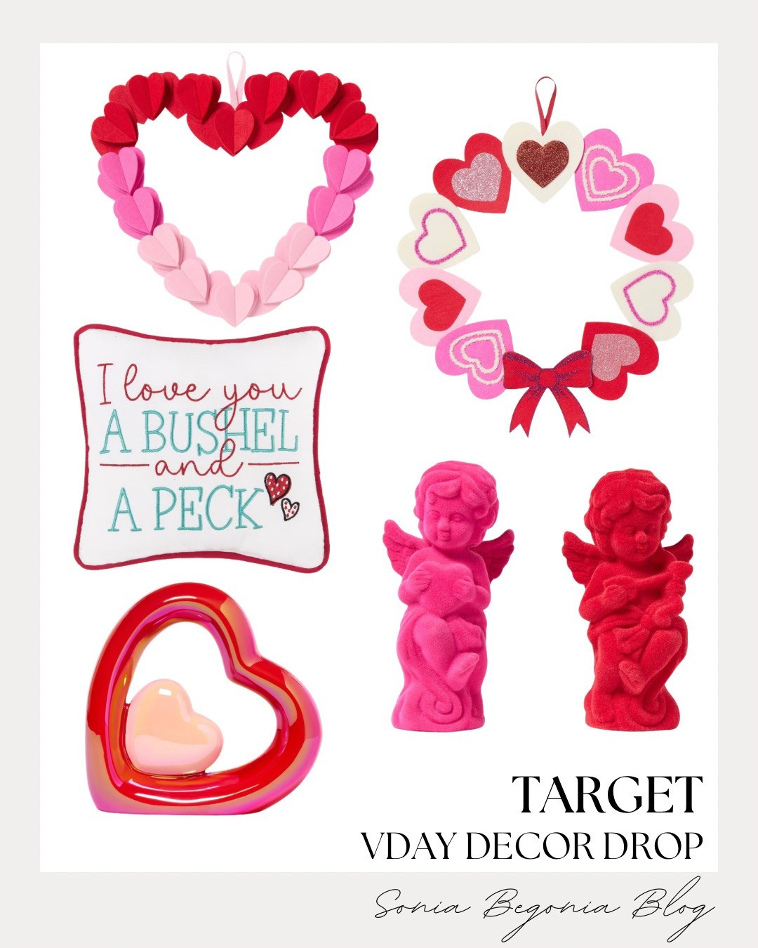 VDAY DECOR DROP: Hearts, Cherubs, & Festive Accents! ❤️

Embrace the seasonal romantic trend with this perfectly balanced home decor collection from Target—all under $25! 🏹

We are obsessed with the charming statement pieces: from the vibrant red and pink ombre paper heart wreath to the whimsical "I love you a bushel and a peck" embroidered throw pillow. Balance your festive setup with sculptural accents like the high-shine metallic red heart figurine or the pair of velvety flocked cherub statues in bold fuchsia and classic red. Finish the look with a delicate multi-patterned heart wreath featuring glittery details and a pretty red bow for a touch of polished, holiday-ready glam!

#VDayDecor
#TargetStyle
#TargetFinds
#ValentinesDayDecor
#ValentinesDay2026
#HeartWreath
#SeasonalDecor
#HomeDecorInspo
#TargetHome
#HolidayStyling
#FeminineHome
#EverydayChic
#LTKHome
#LTKUnder25
#SoniaBegoniaBlog


#LTKFindsUnder50 #LTKHome