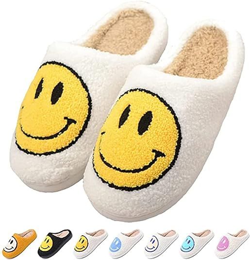Smiley Face Fuzzy Slippers for women Men,Memory Foam Non Slip Warm Fluffy Cute House Slippers Uni... | Amazon (US)