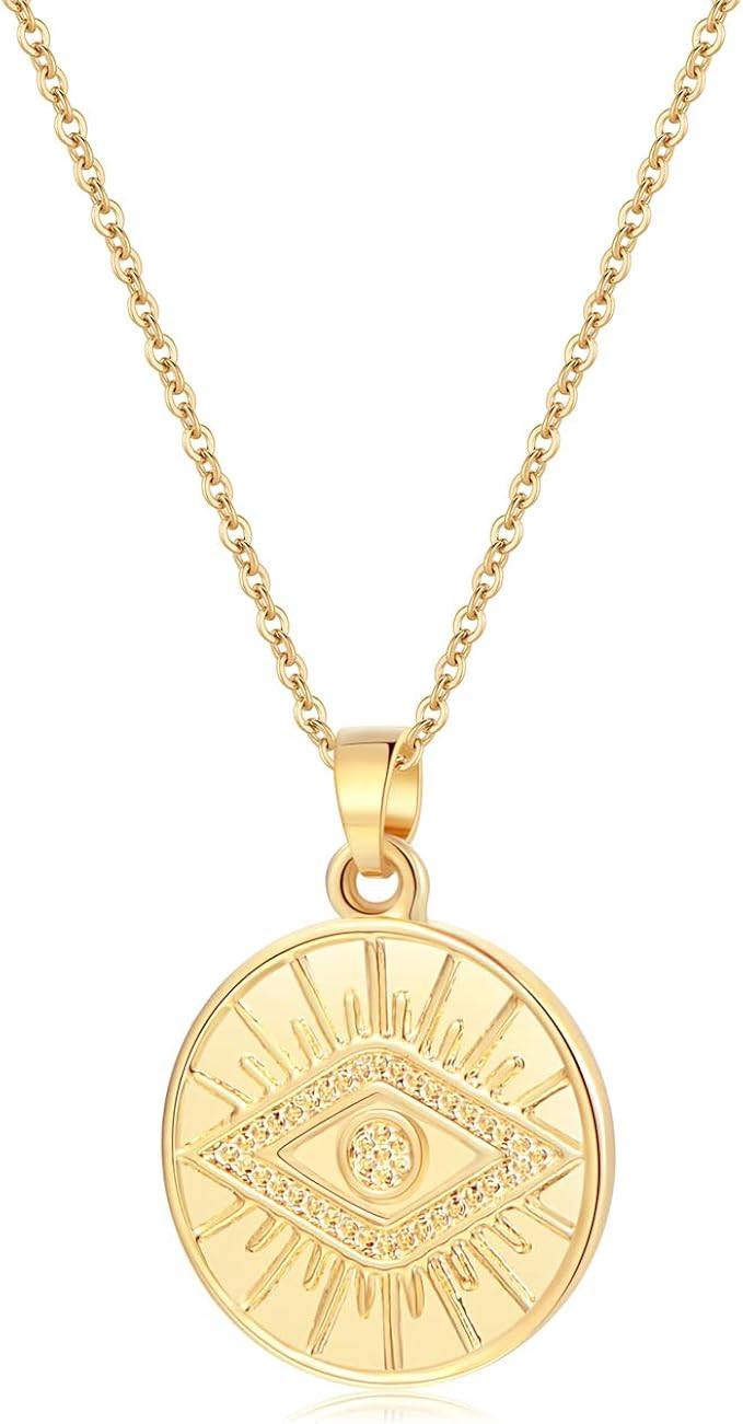 Coin Necklace 14K Gold Plated Evil Eye Round Moon Sun Medallion Pendant Necklace Jewelry Gift for... | Amazon (US)