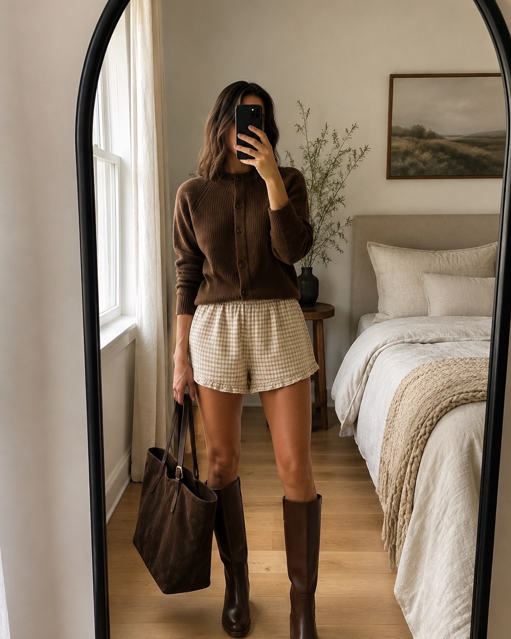 Fall neutrals done right 🤎🍂 This chocolate brown cardigan paired with gingham shorts and tall brown boots is such a cute transition-to-fall look. Add an oversized suede tote and it’s giving effortless, elevated fall style. Perfect for those warm September days! #LTKFall #FallOutfit #NeutralStyle #LTKStyle #FallFashion

#LTKSeasonal #LTKTravel #LTKootd