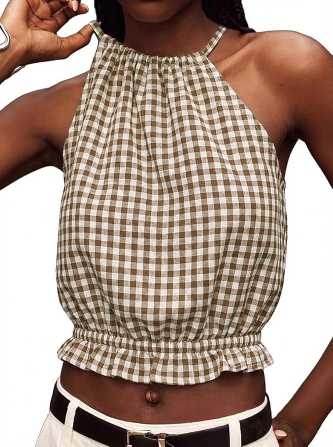 IDEALSANXUN Womens Crop Linen Halter Tops Summer High Neck Tank Tops Sleeveless Shirts | Amazon (US)
