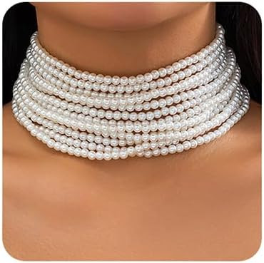 Octwine Boho Round Imitation Pearl Large Layered Choker Necklace Multi Strands Vintage Choker 192... | Amazon (US)