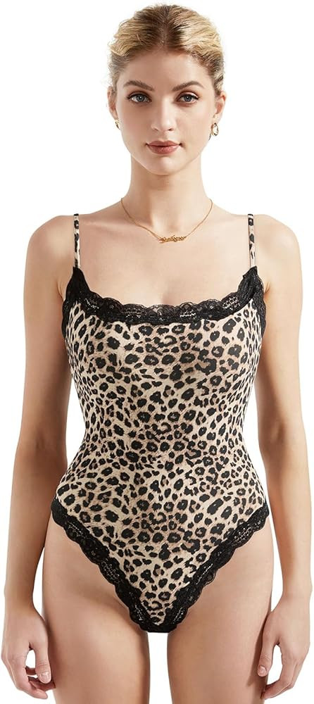 SUUKSESS Women Square Neck Lace Bodysuit Sleeveless Spaghetti Strap Tank Top | Amazon (US)
