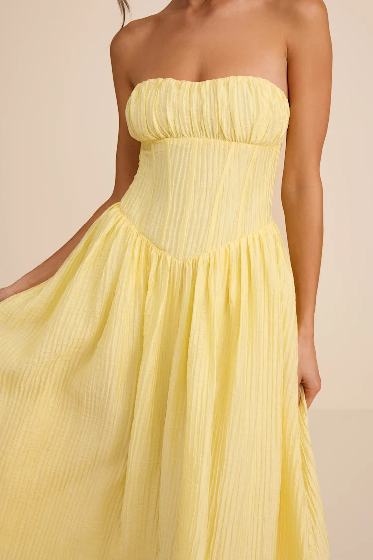 Aspen Pale Yellow Plisse Strapless Bustier Midi Dress | Lulus