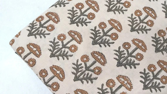 Beige Green Block Print Fabric,Floral Print Fabric,By the Metre,Dress Fabric,Curtain Fabric,Cotto... | Etsy (US)