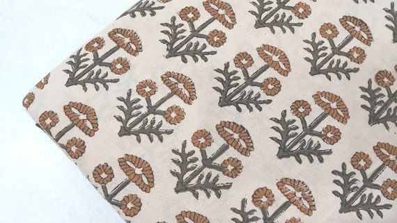 Beige Green Block Print Fabric,Floral Print Fabric,By the Metre,Dress Fabric,Curtain Fabric,Cotto... | Etsy (US)