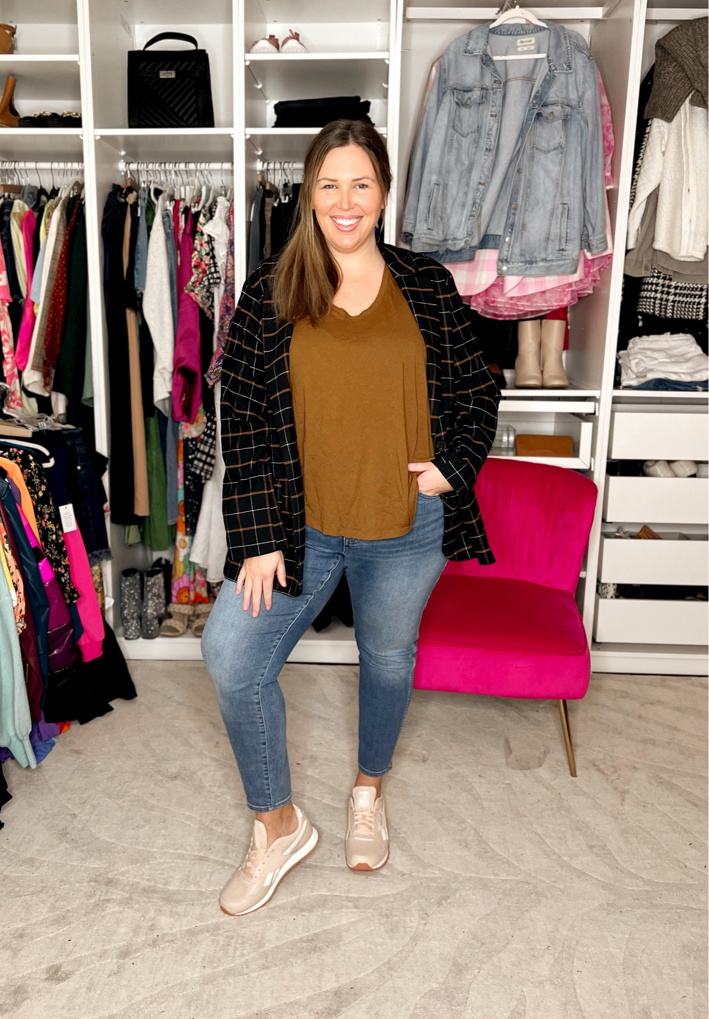 Plus size casual jeans outfit with Reebok sneakers! I love throwing a blazer with a tee shirt and these skinny jeans are my absolute fave. I am wearing a 2x in tops and 18W in the Madewell jeans! #LTKSale

#LTKcurves #LTKunder50