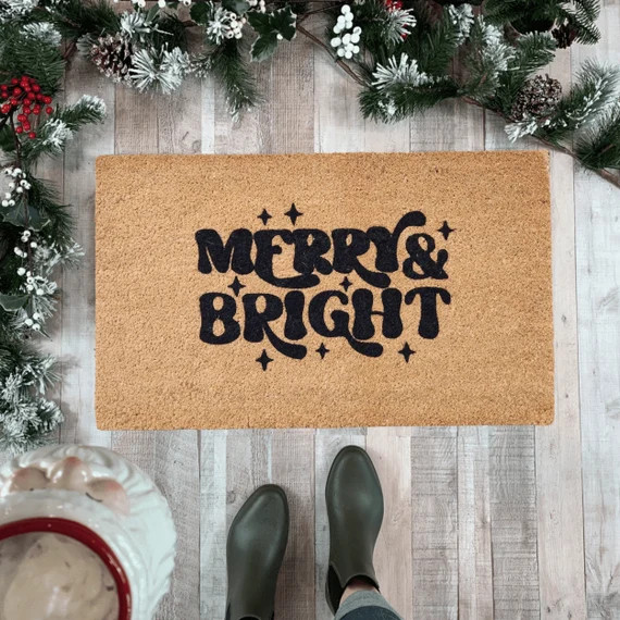Retro Christmas Doormat, Merry and Bright Doormat, Christmas Decor for front porch, Winter Doorma... | Etsy (US)