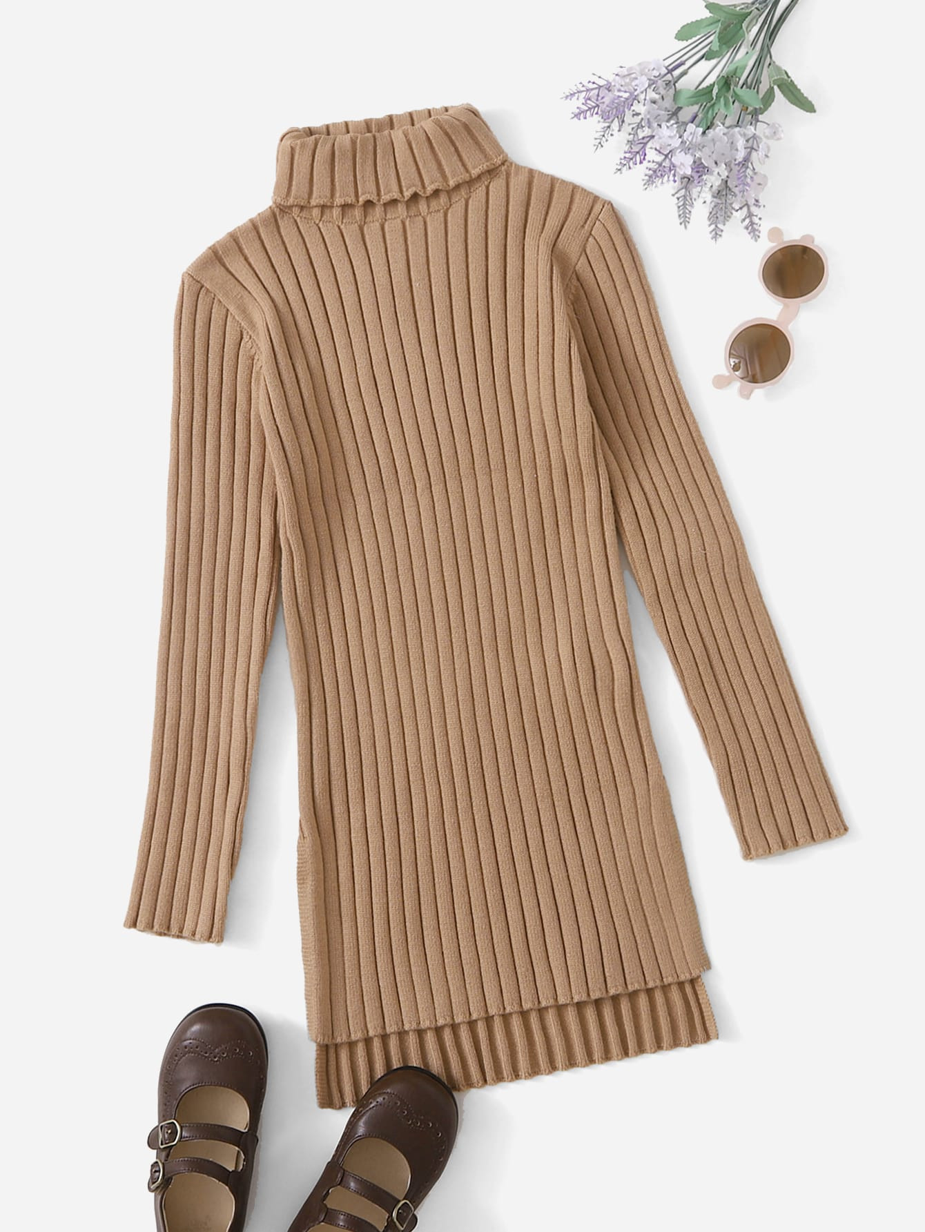 Toddler Girls High Neck High Low Hem Ribbed Knit Dress | SHEIN